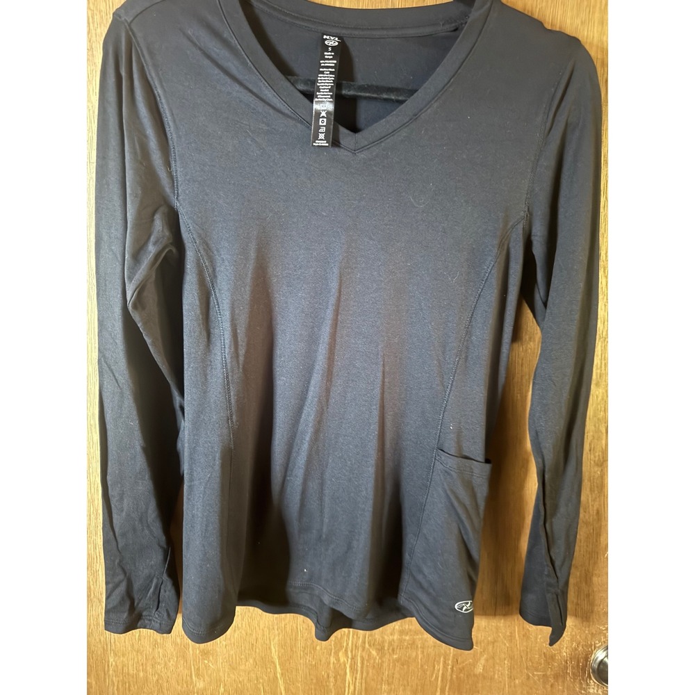 N.Y.L. Womens Black V-Neck Long Sleeve Active Top with Pocket Thumbholes Small